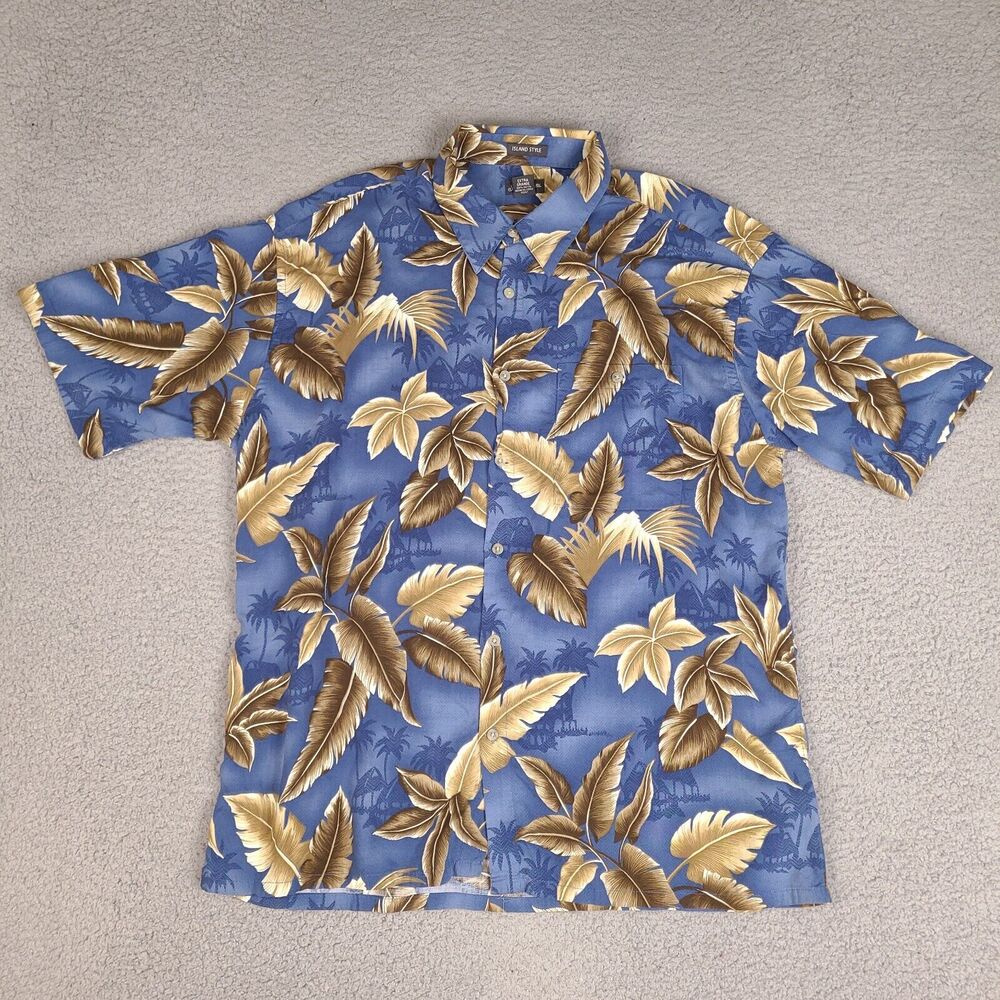 St Johns Bay Hawaiian Shirt Mens XL Blue Island Style Button Down Palm Leaves
